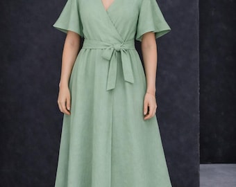 100% Leinenkleid, Leinen Maxikleid, Mintgrünes Wickelkleid, Schweres Leinenkleid, rustikales Leinenkleid für Frauen, Brautjungfernkleid