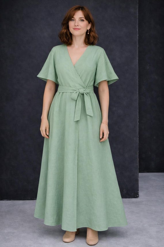 mint green linen dress 100% Dress, Linen Maxi Dress, Wrap Dress, Heavyweight Linen Dress, Rustic Linen for Women, Bridesmaid Dress women's winter party outfits