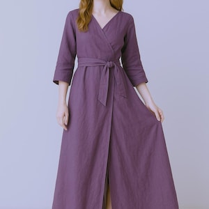 100% Linen Dress,  Linen Maxi Dress, Purple Wrap Dress, Heavyweight Linen Dress, Rustic Linen Dress for Women, Bridesmaid Dress