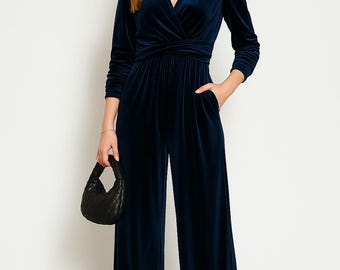 Dark Blue Jumpsuit, Gathered Front Velvet Jumpsuit, Special Events Jumpsuit, Wedding Guest Romper, V Neck Evening Jumpsuit