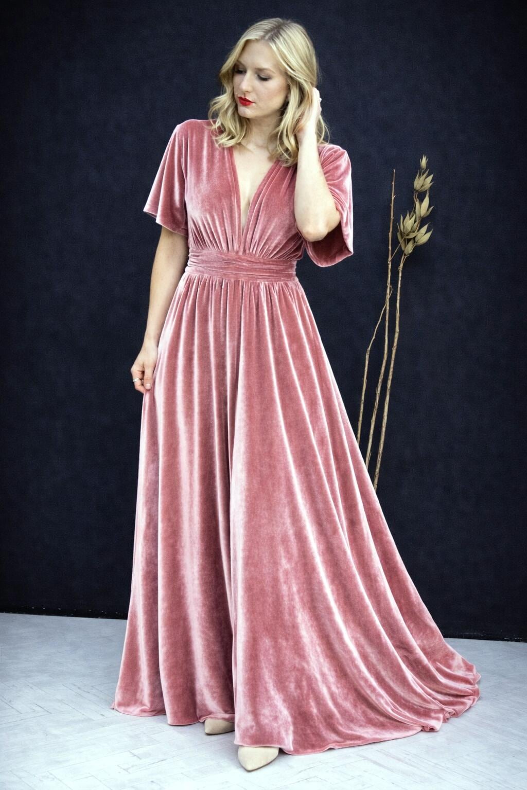 blush velvet bridesmaid dresses Dusty Pink Maxi Dress, Velvet Evening Gown, V Neck Long Formal Dress, Romantic Wedding Guest Dress, Velvet Gown Royal Blue With Gold Eveningwear Dress Size:1-2Year elegant drape