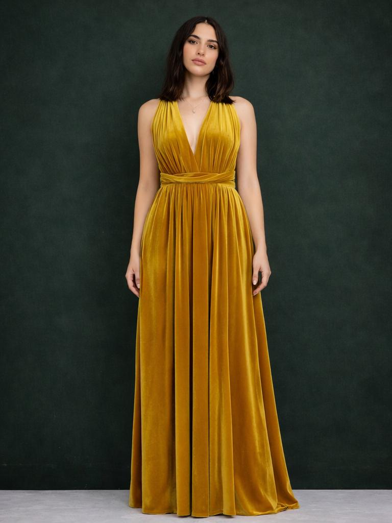 mustard yellow velvet bridesmaid dresses Elegant Half Sleeves Chiffon Long Bridesmaid Dresses