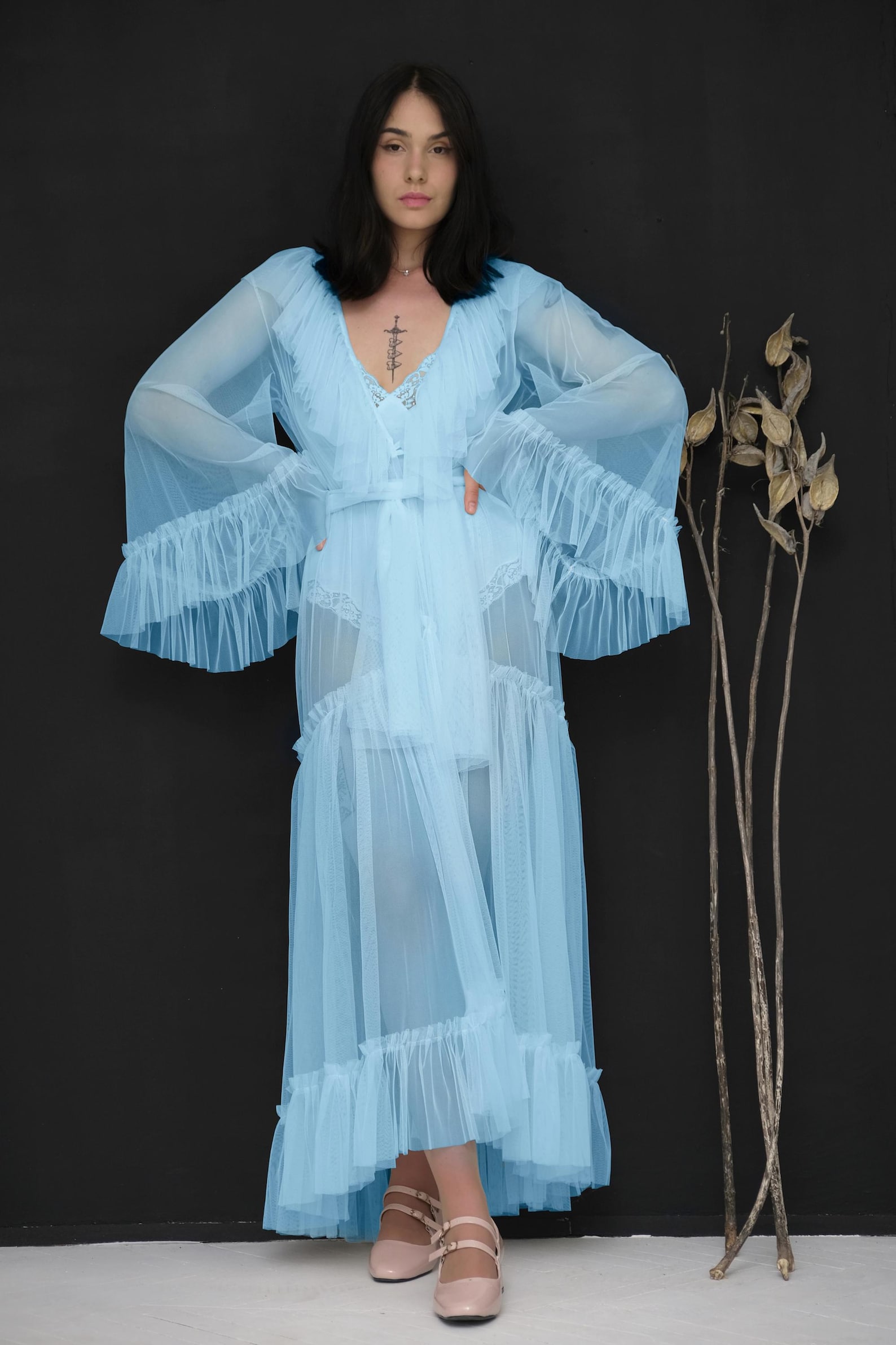 Blue Patterned Robe Light Blue Long Mesh Bridal Robe for Wedding, Tulle Ruffled Robe Bell ...