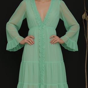 Mint Green Long Mesh  Bridal Robe for Wedding, Tulle Ruffled Robe Bell Sleeves, Maternity Robe for Photoshoot, Boudoir Dressing Gown