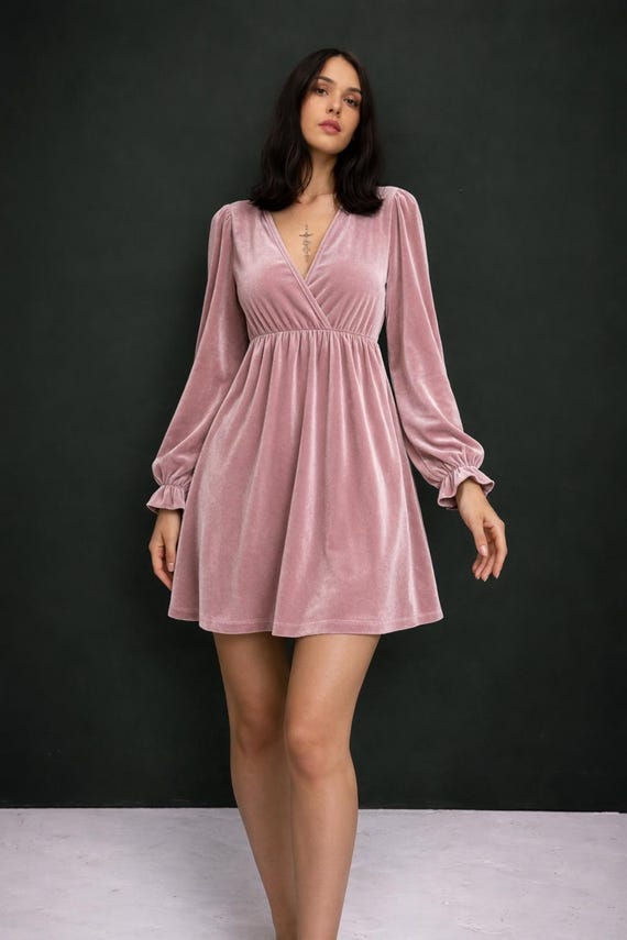 Dusty Pink Velvet Dress | V Neck Velvet Dress | Elegant Bridesmaid Dress | Wedding Guest Dress | Formal Evening Dress for Women