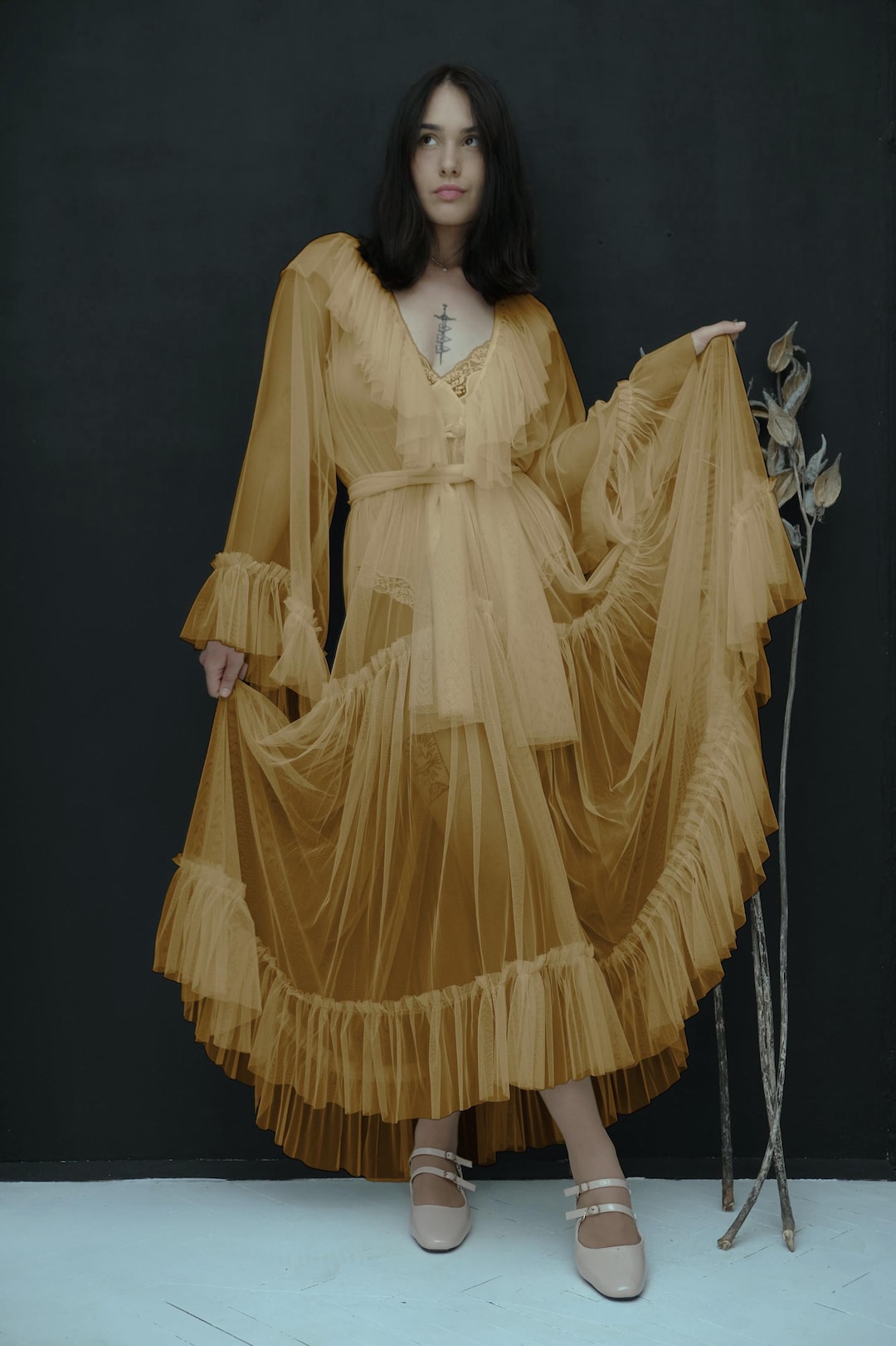 Long Ruffled Robe Orange Long Mesh Bridal Robe for Wedding, Tulle Ruffled Robe Bell ...