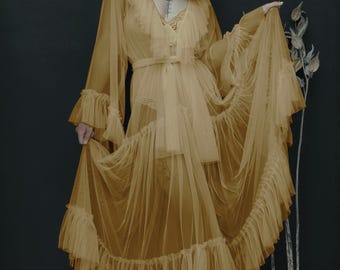 Orange Long Mesh Bridal Robe for Wedding, Tulle Ruffled Robe Bell Sleeves, Maternity Robe for Photoshoot, Boudoir Dressing Gown