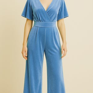 Light Blue Jumpsuit, Velvet Jumpsuit, Special Events Jumpsuit, Flared Legs Jumpsuit, V Neck Evening Jumpsuit, Bridesmaid Jumpsuit