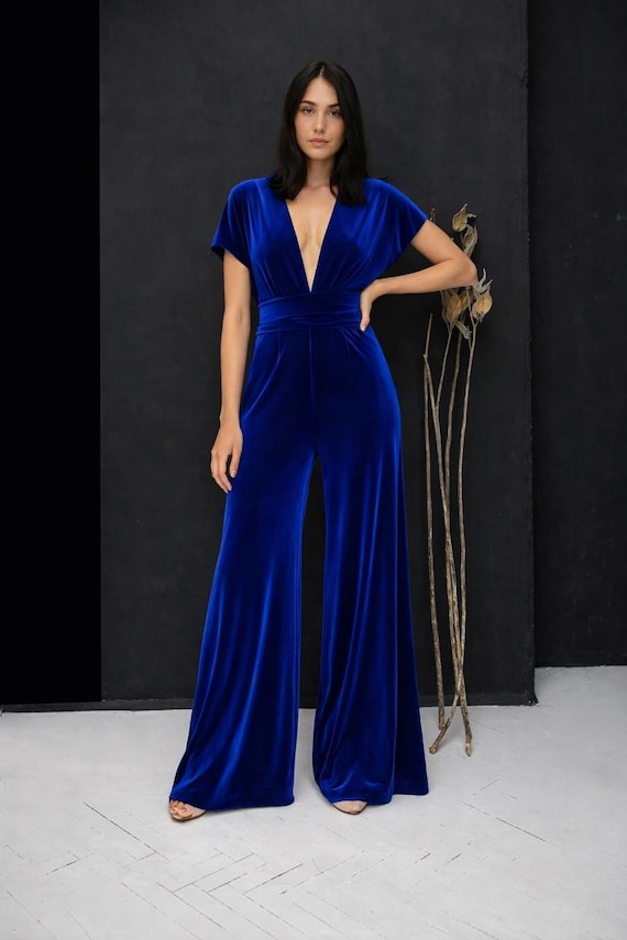 Blue Velvet Jumpsuit Flared Legs | Deep V Neck Evening Romper | Bridesmaid Outfit | Formal Party Jumpsuit | Elegant Velvet One Piece