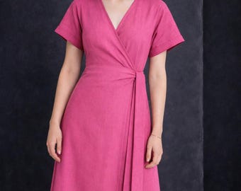 Jurk van 100% linnen | Snoeproze wikkeljurk | Linnenroze maxi-jurk | Zwaargewicht linnen jurk | Rustieke linnen jurk voor dames | Bruidsmeisjesjurk