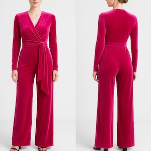 Raspberry Pink Jumpsuit, Velvet Jumpsuit, Special Events Jumpsuit, Wedding Guest, Evening Jumpsuit, Bridesmaid Jumpsuit