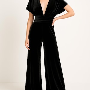 Black Flared Legs Jumpsuit | Velvet Deep V Neck Jumpsuit | Evening Festival Jumpsuit | Bridesmaid Romper | Formal Velvet Jumpsuit