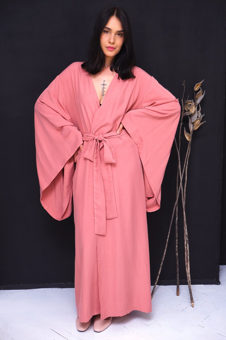 Japanese Style Robe, Sustainable Lyocell Dusty Pink Kimono, Maxi Robe ...