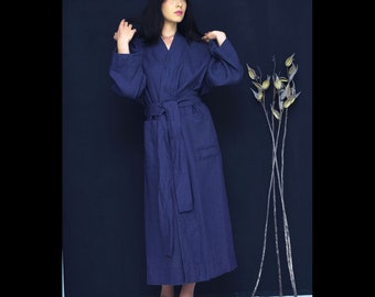100% Linen Dark Blue Robe, Classic Linen Kimono Robe, Pocket Linen Robe