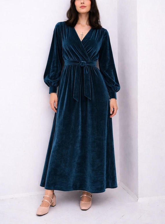 Blue Velvet Dress, Formal Velvet Dress, Elegant Wrap Dress, Bridesmaid  Dress, Wedding Guest Dress, Evening Dress, Special Occasion Dress