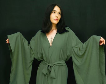 Peignoir vert de style japonais, kimono en lyocell durable, robe longue, robe de chambre de mariée, peignoir lune de miel, robe longue soyeuse verte de demoiselle d'honneur