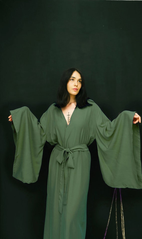 Vestaglia verde in stile giapponese, kimono in lyocell sostenibile