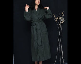 100 % Linen Black Robe, Classic Linen Kimono Robe, Pocket Linen Robe