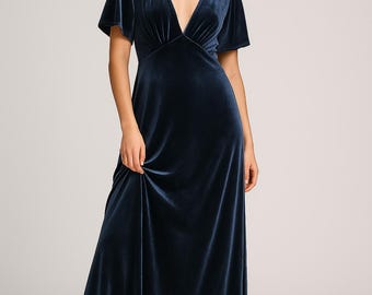 Blue Velvet Dress, Formal Velvet Dress,  Elegant Bridesmaid, Floor Length Dress, Wedding Guest Dress, Evening Dress, Special Occasion Dress