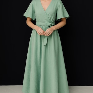 100% Linen Dress,  Linen Maxi Dress, Mint Green Wrap Dress, Heavyweight Linen Dress, Rustic Linen Dress for Women, Bridesmaid Dress