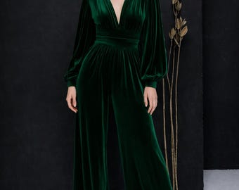 Halter Neck Green Velvet Overalls Velvet Jumpsuit Dark Green Wide Leg  Overalls, Party Bridesmaid