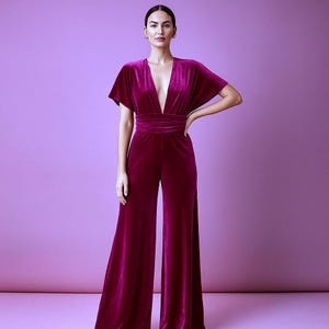 Burgundy Velvet Jumpsuit | Flared Leg Deep V Neck Romper | Bordo Formal Evening Jumpsuit | Bridesmaid Outfit | Elegant Velvet One Piece