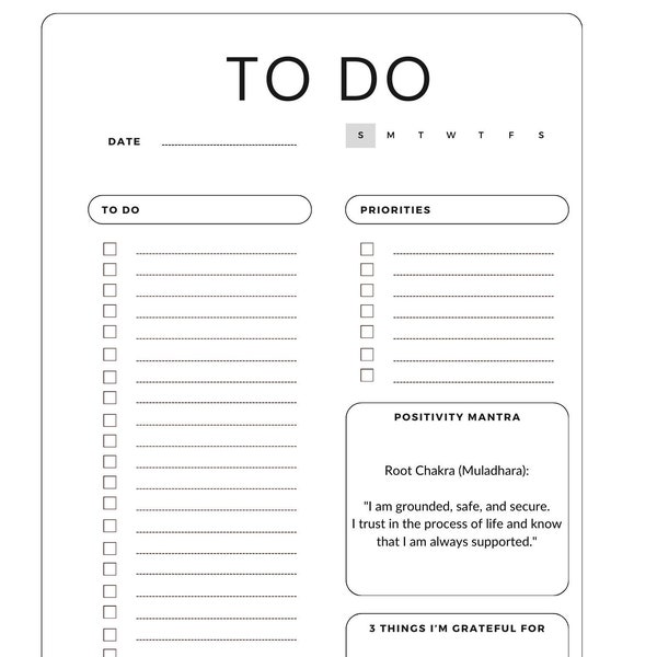 Become ABUNDANT! Printable and digital daily to do list, planner with priorities and positive mantras / affirmations to unblock chakras