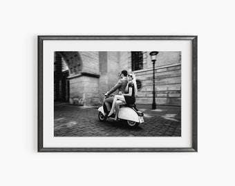 Vespa a Paris, tirages de photographie, Brain Roy, scooter Vespa, affiche de moto, art mural noir et blanc, affiche de photographie de qualité musée