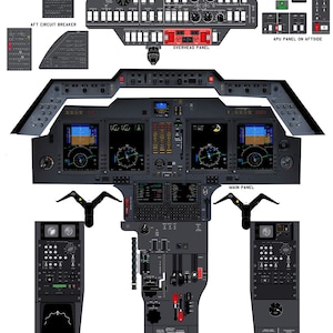 May include: A detailed diagram of the cockpit of a Hawker 800 aircraft, featuring a Collins Pro Line 21 avionics system. The diagram shows the overhead panel, main panel, and two side pedestal panels. The text "Hawker 800. Collins Pro Line 21" is displayed at the top of the diagram.