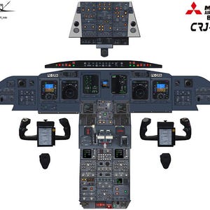 May include: A detailed cockpit view of a Mitsubishi CRJ-1000 NG aircraft. The cockpit features a variety of instruments and controls, including a yoke, throttle, and a large display screen.
