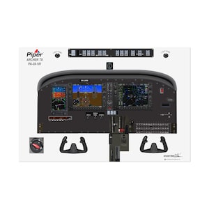 May include: A black and white illustration of a Piper Archer TX PA-28-181 aircraft cockpit. The illustration shows the instrument panel, yoke, and other controls. The text "Piper Archer TX PA-28-181" is visible at the top of the illustration.
