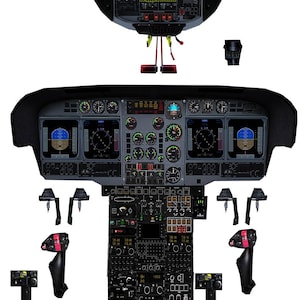 May include: Detailed diagram of an Airbus AS332L2 Super Puma helicopter cockpit. The image shows various instrument panels, control sticks, and gauges in shades of gray, black, and red. The Airbus Helicopters logo is visible.