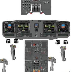 以下が含まれることがあります： シコルスキーUH-60Mブラックホークヘリコプターの操縦席の詳細なイラスト。画像には、マルチファンクションディスプレイ、コントロールスティック、スロットルなど、さまざまなコントロールパネル、ゲージ、計器が表示されています。