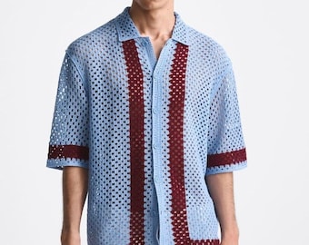 MENS CROCHET SHIRT chemise de vacances à la plage meilleur cadeau pour mari chemise au crochet colorée chemise d’été boho vêtements unisexe crochet vêtements