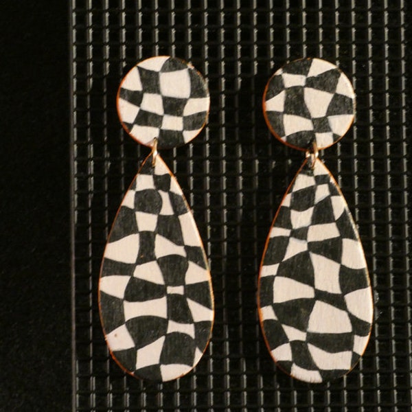 Black and White Dangle With Orange Trim Earrings, Op Art Earrings, Deco Earrings, Large Statement Earrings, Wood Earrings, Drop Earrings