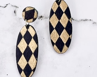 Black Gold Earrings Oval Diamond Patterned Painted Dangle Wood Dressy Lightweight Jewelry For Her