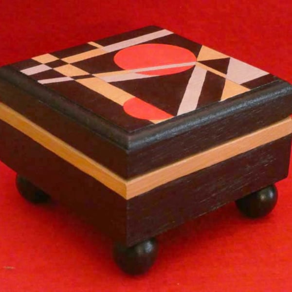 Art Deco Jewelry Box, Hand Painted Twenties Style Jewelry Box, Black Red And Gold Box, Wooden Square Container, Geometric Designed Box