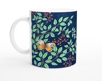 Butterfly Mug, Floral Mug, Nature Mug, Yellow and Blue Butterflies On a Navy Background, Nature Mug, Colorful Butterfly Mug