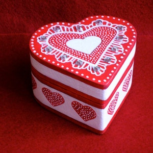 Heart Shaped Red and White Jewelry Box, Engagement Ring Box, Painted Presentation Case, Decorative Gift Container, Jewel Organizer, Gift image 1