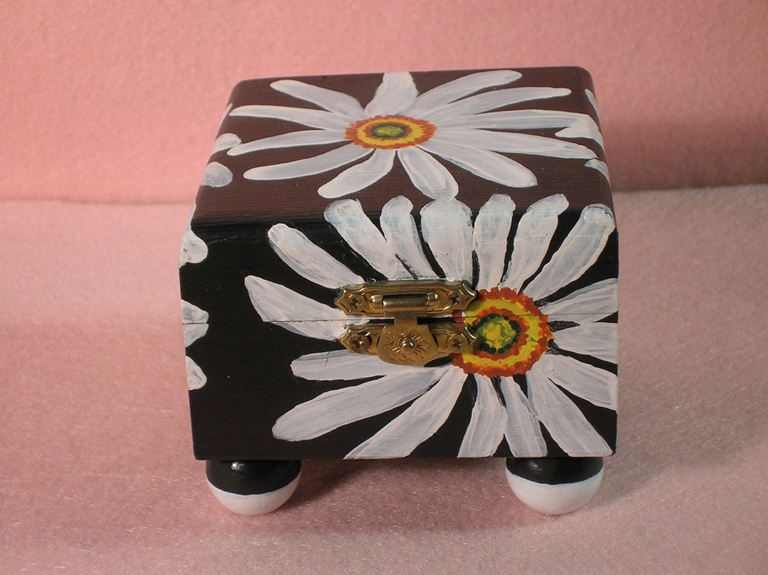 Daisy Jewelry Box, Black and White Floral Keepsake Box, Decorative