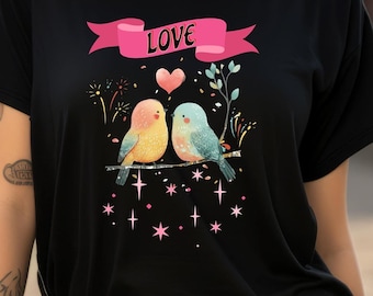 Koszulka Love Birds, Romantyczna koszulka dla par, Prezent na Walentynki, Odzież dla miłośników ptaków, Top z grafiką przyrodniczą