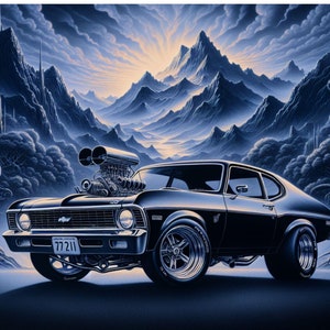 Poster, Blown Chevy Nova in Uncharted Territory, Muscle Car Gift, Car Enthusiast Wall Art, Vintage Car Decor, Garage Poster, Car Lover Gift,
