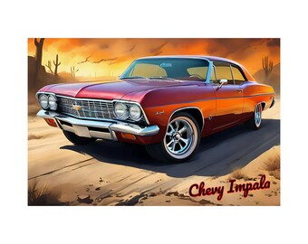 Poster, Classic Chevy Impala Vintage Car Art Print, Wall Decor, Gift for Car Enthusiasts, Home Office Decoration, Retro Automobile Picture,
