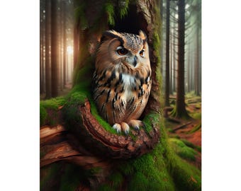 Satin Poster, Natur Eule Baum Loch Kunstdruck, Rustikale Wald Dekor, Waldtier Wildtiere Wandbehang, Haus Büro Dekoration, Einzigartig