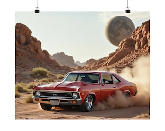 Poster Print, Chevy Nova on Another Planet, Wall Art Decor, Sci-Fi Car Art, Space Poster, Galaxy Decor, Vintage Car Print