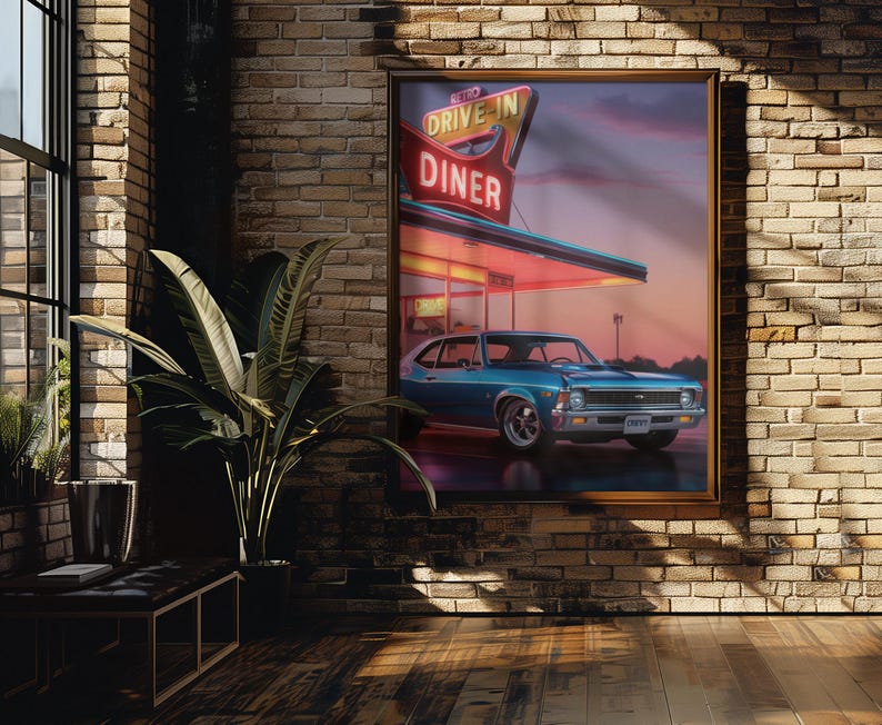Poster Prints, 1960s Drive-in Diner and 68 Chevy Nova Design - Wall Art ...