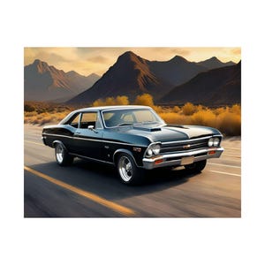 Satin Posters, Classic Chevy Cruising the Desert Roads, Vintage Wall Art, Retro Car Poster, Gift Idea for Car Enthusiasts, Home Decor Print