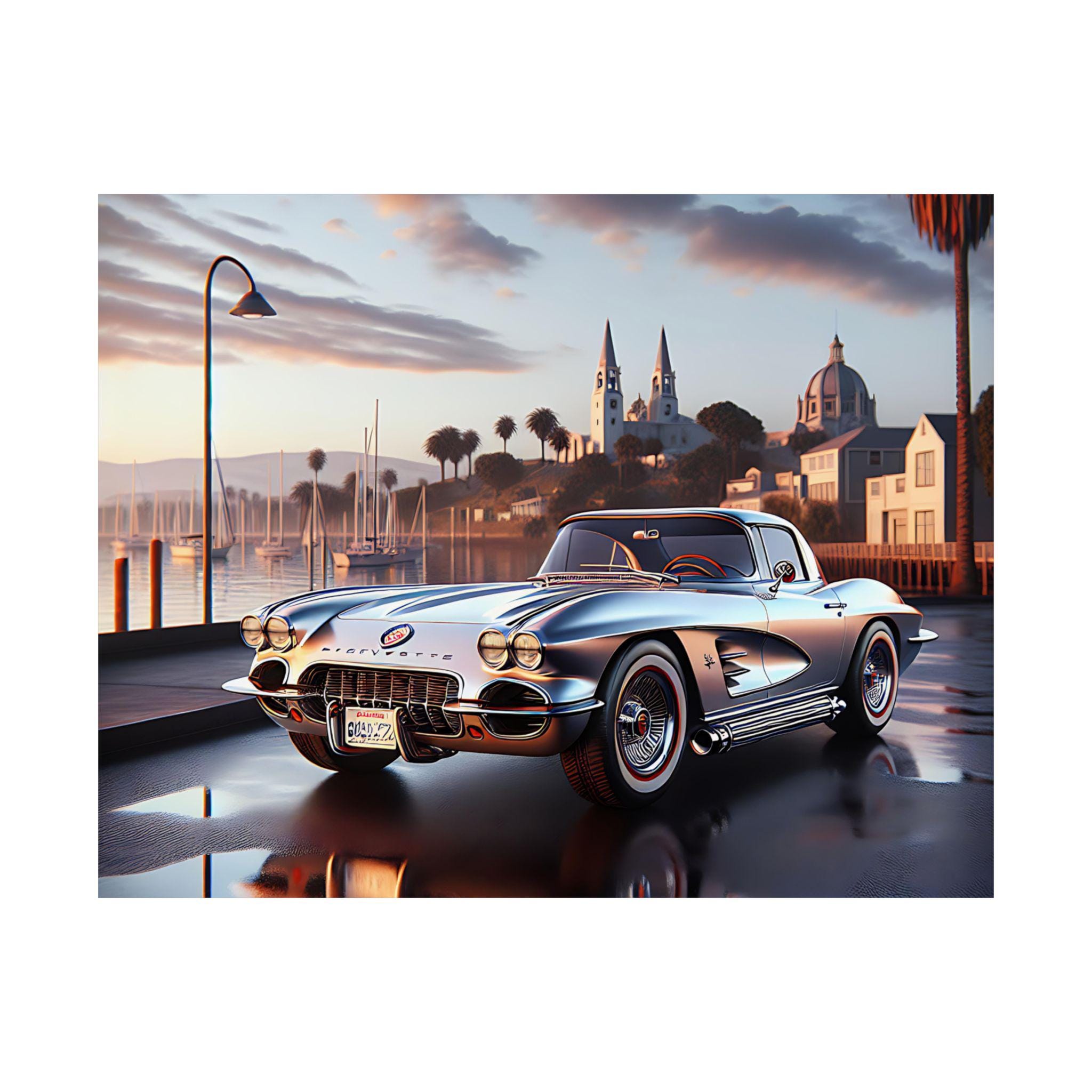 Poster, Chevy Corvette parked by the water, Wall Art, Home Decor, High Quality Satin Print, Vintage Car Gift