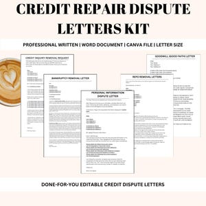 Puede incluir: Un conjunto de cartas de disputa de reparación de crédito imprimibles. Las cartas están diseñadas para ayudar a los consumidores a disputar información inexacta en sus informes de crédito. Las cartas son editables y se pueden usar para solicitar la eliminación de consultas de crédito, quiebras, información personal y reposiciones. Las cartas también están diseñadas para ser utilizadas para cartas de buena voluntad.
