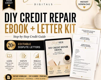 May include: A digital DIY credit repair ebook and letter kit featuring the text Elevate HER Digitals, DIY Credit Repair Ebook + Letter Kit, and 20+ Editable Dispute Letters. Includes templates for collection, late payment, and hard inquiry disputes.